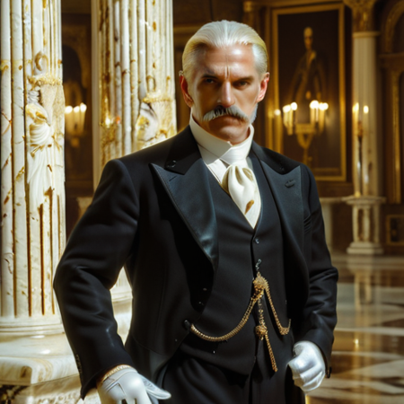 <lora:DFOP-V3.0:1>1 man Sebastian, the loyal butler from Overlord, tall and imposing stature, broad shoulders, noble and dignified aura, perfectly groomed silver-white mustache that curves subtly downward, short silver-white hair with a neat fringe that frames his forehead elegantly, sharp and angular facial features, a clean-shaven beard area emphasizing his distinguished appearance, piercing golden eyes radiating wisdom and strength, wearing a meticulously tailored black suit, black shirt, and a crisp white cravat, pristine white gloves, standing in an opulent hall with grand marble pillars and ornate decor, his posture upright and composed, exuding an air of calm authority, faint aura of power, dynamic lighting, cinematic style, masterpiece, best quality, newest, absurdres, highres, DFOP-V3.0, oil painting, anime art style, high detail