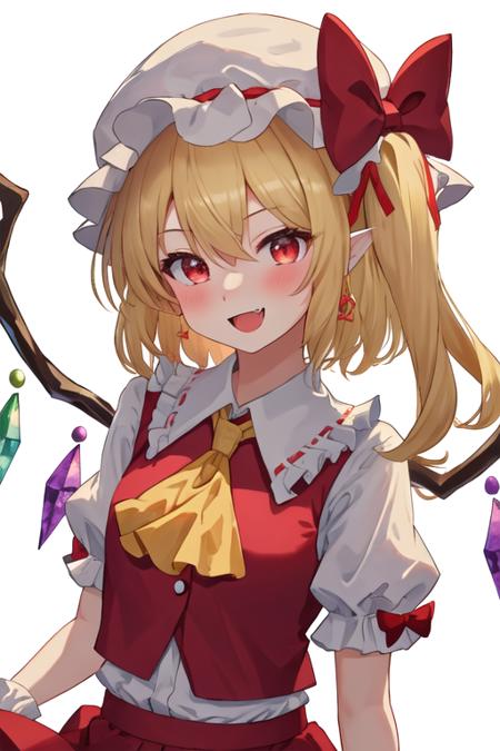 best quality, masterpiece, highres, solo, {flandre_scarlet_touhou:1.15}, blonde_hair, wings, red_eyes, crystal, bangs, hat, one_side_up, ribbon, mob_cap, bow, blush, smile, vest, white_headwear, red_vest, ascot, hair_between_eyes, red_bow, red_ribbon, upper_body, hat_ribbon, yellow_ascot, short_hair, 1girl, looking_at_viewer, puffy_short_sleeves, puffy_sleeves, shirt, short_sleeves, frills, white_shirt, open_mouth, frilled_shirt_collar, fang