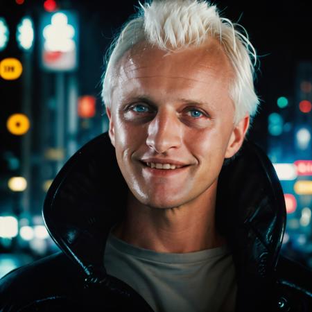 <lora:roy_batty-black jacket-29:1> roy_batty,black jacket,close-up,city street,blade runner,neon lights,futuristic city,masterpiece,bokeh,dof,soft lighting