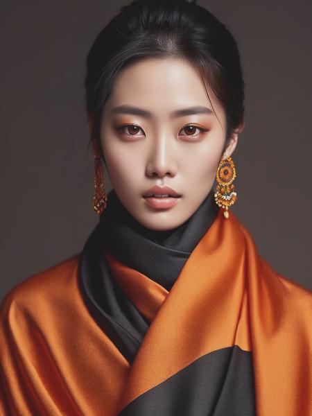 <lyco:ZhangJingna:1.0> an asian very beautiful girl in an black scarf, in the style of zhang jingna, soft-focus technique, dark orange and bronze, hallyu, associated press photo, heian period, i can't believe how beautiful this is