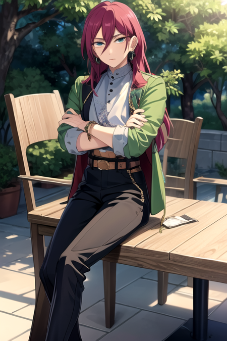 <lora:Ibara-04:0.8>,ibaraes, long hair, looking at viewer, shirt, hair between eyes, jewelry, sitting, jacket, earrings, open clothes, belt, pants, bracelet, open jacket, tree, black shirt, chair, black pants, crossed arms, table, crossed legs, lens flare, green jacket, red belt