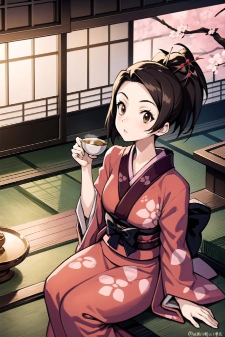 <lora:fuu-000025:1> fuu, kimono, hair ornament, hair stick, ponytail,
1girl, sitting, japanese east asian architecture, looking up, teacup, cherry blossoms