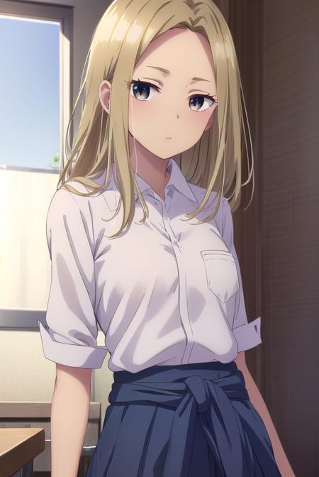 asamiyuuki, <lora:asami yuuki s1-lora-nochekaiser:1>,
asami yuuki, long hair, blonde hair, (brown eyes:1.5),
BREAK skirt, shirt, school uniform, white shirt, short sleeves, pleated skirt, shoes, socks, collared shirt, miniskirt, black footwear, sweater, blue skirt, pocket, breast pocket, clothes around waist, gyaru,
BREAK indoors, classroom,
BREAK looking at viewer, (cowboy shot:1.5),
BREAK <lyco:GoodHands-beta2:1>, (masterpiece:1.2), best quality, high resolution, unity 8k wallpaper, (illustration:0.8), (beautiful detailed eyes:1.6), extremely detailed face, perfect lighting, extremely detailed CG, (perfect hands, perfect anatomy),