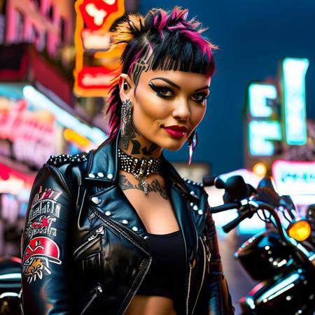 A captivating image of a punk-style damsel, surrounded by fellow bikers in a gritty urban setting. The damsel sports a mohawk, multiple tattoos, and various piercings, exuding confidence and charisma. She dons a leather jacket, studded accessories, and a wide grin, while her motorcycle leans against her. The background reveals a city street at night, with neon signs and dimly lit bars, creating an edgy and rebellious atmosphere.