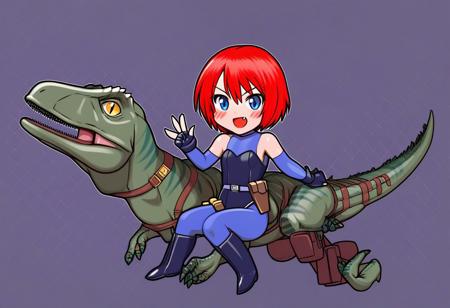 masterpiece, best quality, amazing quality, intricate details, dcregina, 
1girl, solo, looking at viewer, blush, smile, open mouth, short hair, blue eyes, gloves, hair between eyes, bare shoulders, sitting, full body, :d, red hair, boots, detached sleeves, belt, fang, fingerless gloves, black footwear, v-shaped eyebrows, bodysuit, skin tight, pouch, blue gloves, riding, belt pouch, blue bodysuit, thigh holster, dinosaur, chibi, leotard,