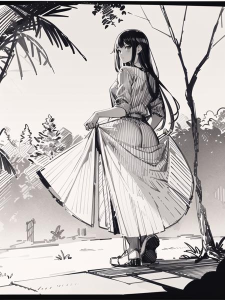 <lora:pensketch_lora_v2.3:0.8> penSketch_style, ink sketch, masterpiece, best quality, 1girl, solo, full body, summer long skirt, tree