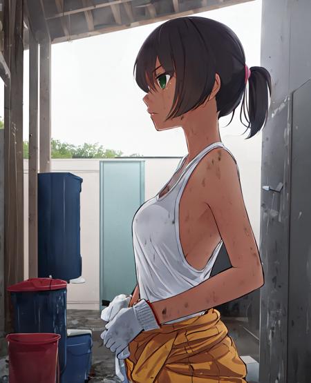 <lora:Hoshino-10:1>  1girl, solo, dark skin , short hair , green eyes , medium breasts , jumpsuit , tanktop , white gloves , dirty clothes, standing in garage  , highly detailed portrait , ponytail , from side , hair tie , serafuku ,