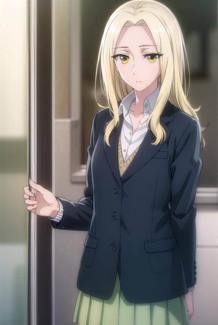 rioamakusa, <lora:rio amakusa s1-lora-nochekaiser:1>,
rio amakusa, long hair, blonde hair, (yellow eyes:1.2), (forehead:1.2),
BREAK skirt, shirt, long sleeves, school uniform, jacket, white shirt, pleated skirt, socks, miniskirt, blazer, cardigan, green skirt,
BREAK indoors, classroom,
BREAK looking at viewer, (cowboy shot:1.5),
BREAK <lyco:GoodHands-beta2:1>, (masterpiece:1.2), best quality, high resolution, unity 8k wallpaper, (illustration:0.8), (beautiful detailed eyes:1.6), extremely detailed face, perfect lighting, extremely detailed CG, (perfect hands, perfect anatomy),