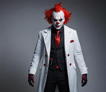 wide shot, mad scientist, evil clown,eyes red, Leggotype,glowneon, fashion photography, glamorous, stylish attire, captivating pose, dynamic composition, high-fashion aesthetic, professional studio lighting, expert styling, showcasing trend, conveying elegance, conveying attitude, evoking emotion, creating visual impact, editorial storytelling, artistic interpretation, fashion-forward visual