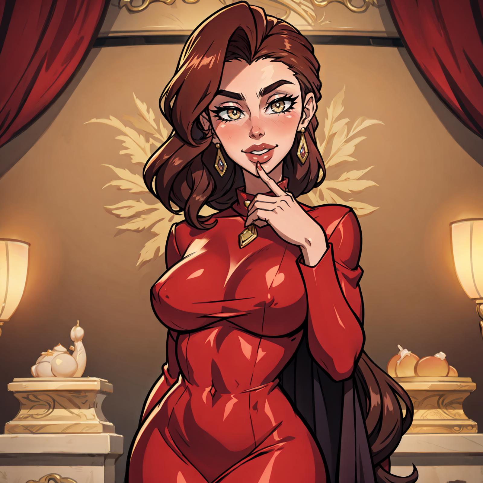 A Female Cartoon Character Wearing Red Lingerie and Pointing at Her Tongue.