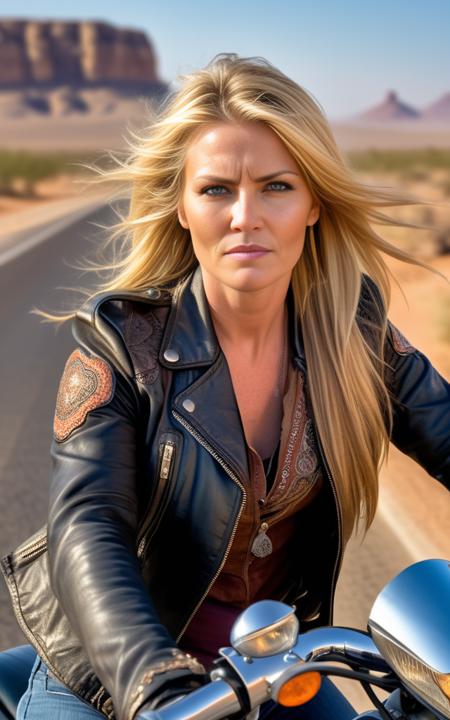 a photo of a 40 year old woman, driving a motorbike, on a road in the desert, long blonde hair, black leather jacket, HDR, intricate details, detailed face, detailed eyes, detailed skin, extreme realistic