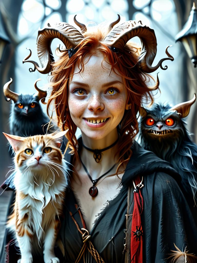 score_9, score_8_up, score_7_up, source_photo, (realistic:1.4), photorealistic, fantasy, medieval, 1girl, solo, wizard, ginger hair, short hair, straight hair, evil smile, black and red sigils, robe with sigils, runes, glowing eyes, tiefling, horns, with her pet monsters all around her, <lora:FantasyTiefling:1>, <lora:woman_and_her_monster:1.4>