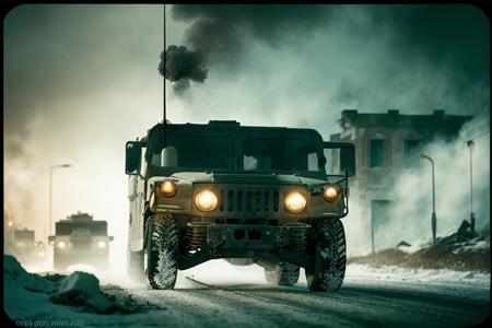 analog gloomy photo of a HUMVEE car,  <lora:humv33:1.0>, driving through a decayed city (at night), church ruins, dilapidated buildings, blood and corpses on the snow, ((winter)), ((snow)), (horror movie), ((nighttime)),  ((green fumes:1.2)), High Detail, Sharp focus, (photorealism), realistic, best quality, 8k, award winning, dramatic lighting, epic, cinematic, masterpiece, rim light, ambient fog:1.2,