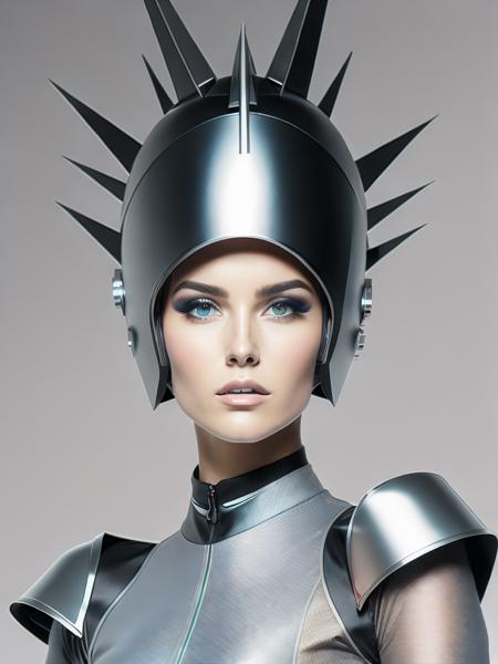 <lora:Avant-gardeFashion:1>a woman in a futuristic costume with spikes on her head and a helmet on her head Avant-garde Fashion