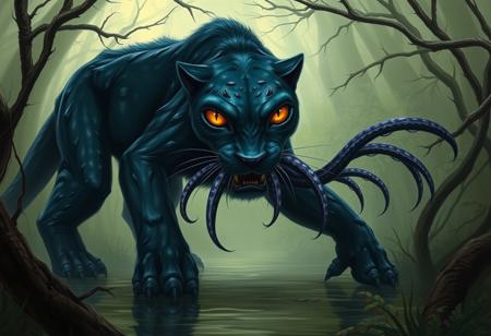 a huge scary panther stalking through a jungle, short fur, large yellow cat eyes, displacer beast, 2 tentacles, feline body, indigo fur, iridescent fur, 6 legs,
Background branches and vines, swamp