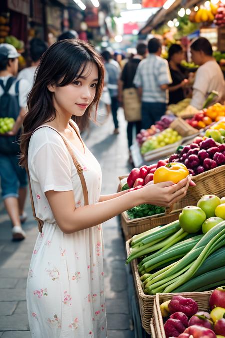 natural skin,<lora:more_details:0.3>,<lora:GoodHands-beta2:1>,(A photorealistic image of a woman walking through a busy market, with vendors selling colorful fruits and vegetables all around. Shot from a close-up angle to capture the sense of texture and vibrancy,film grain,Fujifilm XT3,