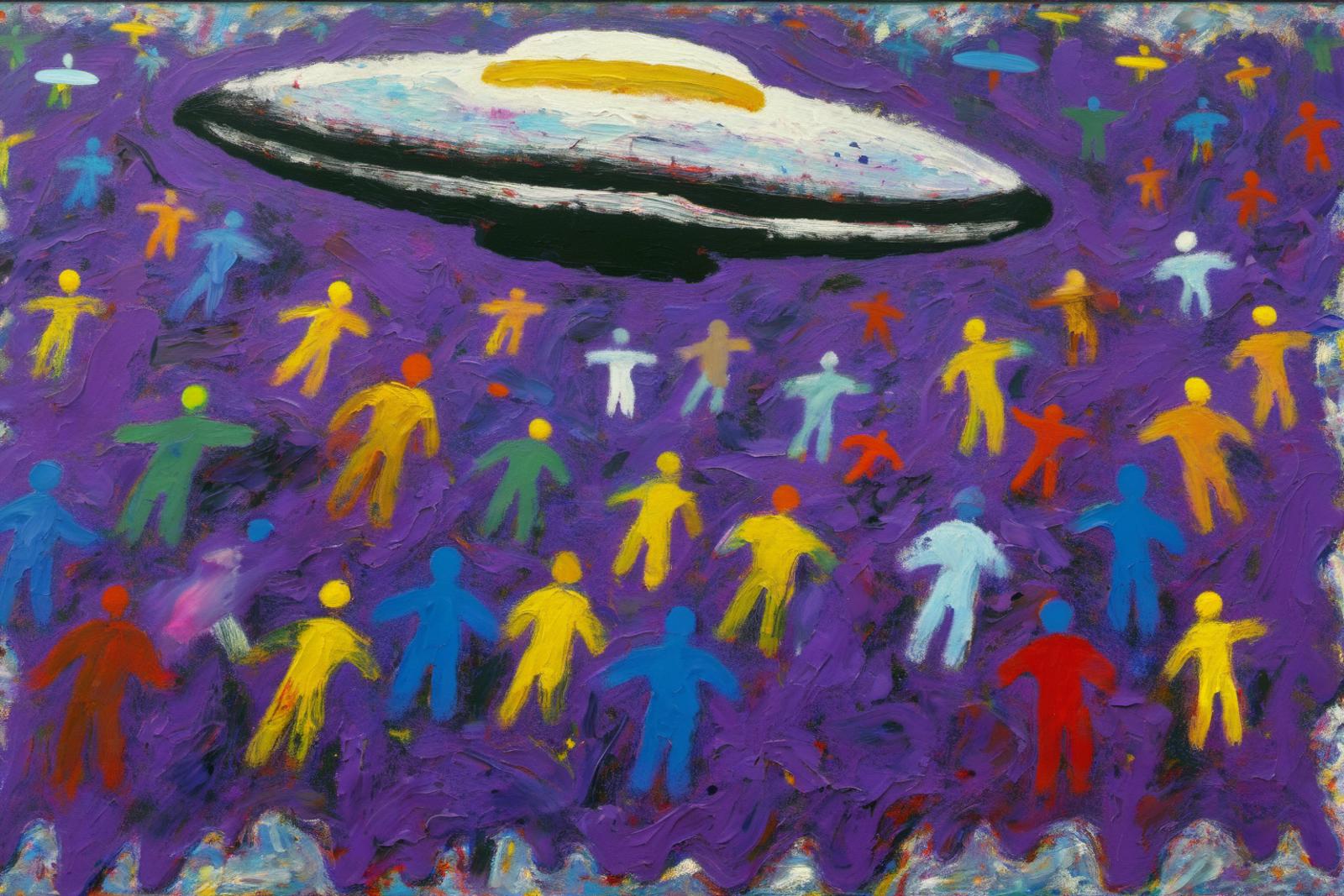 A colorful painting of a crowd of people under a UFO with an egg in it.