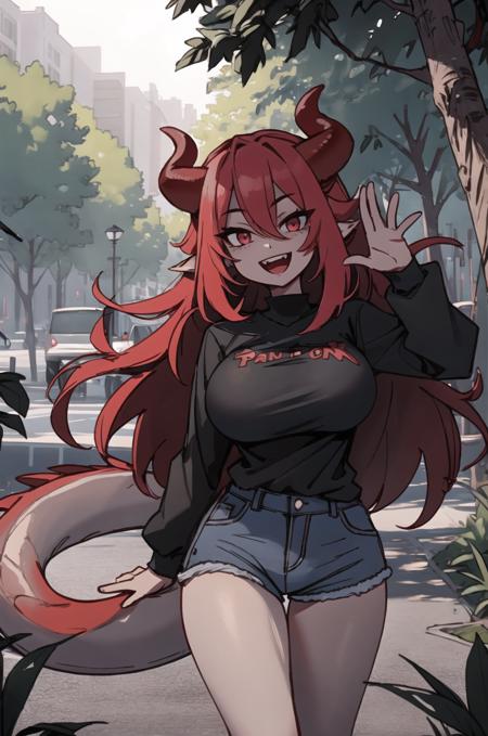 <lora:Sinder__Character_LoRA_Artist__Kanel:1>, Sinder, red hair, long hair, red horns, animal ears, red eyes, dragon tail, gray skin:0.9, large breasts, black shirt, denim shorts, park, outdoors, day, trees, sunlight, waving at viewer, :D, fangs