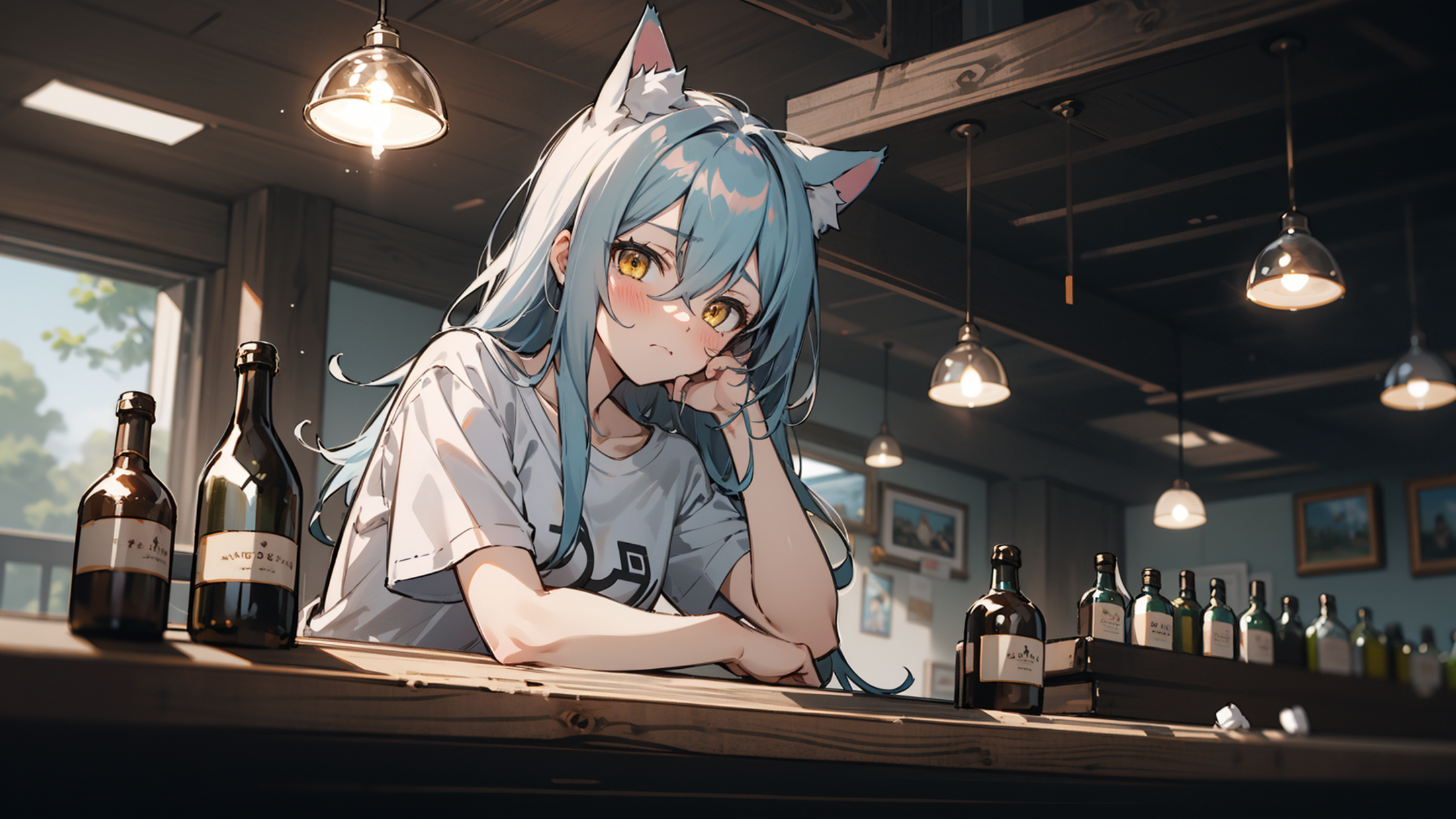 1girl, solo, (small breasts:1.1), white t-shirt, light blue hair, cat ears, yellow eyes, bar \(place\), bottle, blush, han...
