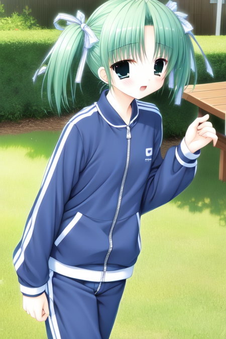 yuukimiwa, hair ribbon, short twintails, tracksuit, track jacket