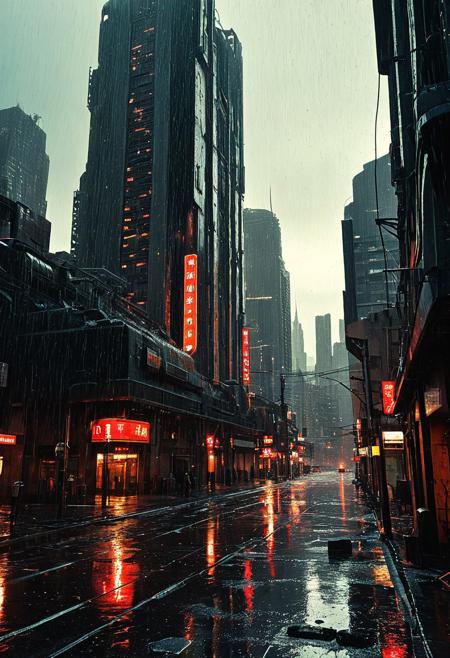 Vintage, Masterpiece, best quality, good quality, very aesthetic, absurdres, newest, 8K, depth of field, focused subject, a dystopian cityscape under a heavy rainstorm. The scene is dominated by a massive, rusted, and decaying sci-fi structure, in shades of red and dark, with a texture that suggests years of neglect. This structure appears to be a towering, vertical building with numerous windows and vents, some of which are cracked or missing. In the background, the cityscape features a mix of futuristic and industrial architecture, including towering strange skyscrapers and large, cylindrical structures, all covered in a thick layer of rain. The buildings are predominantly dark gray and black, with a few spots of light, possibly from streetlights or neon signs, adding contrast. The raindrops are depicted as tiny specks, creating a sense of heaviness and gloom. In the background, a silhouettes is partially visible, obscured by the rain, lurking, which hints at a dark fantasy or sci-fi element. The overall mood is bleak and desolate, with a focus on the harsh, gritty textures and the overwhelming presence of the rain.reflections, best quality, masterpiece, detailed, rich neon colors, glow, shimmer, cables, wires, color contrast, award-winning, disturbing, hard science fiction, lost technology, melancholy, sepia, fog.