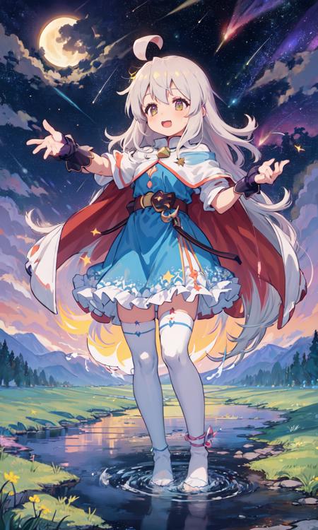 1girl, infant girl, full body, above clouds, asymmetrical legwear, aurora, grass, belt, ahoge, white hair, standing, cape, cloud, cloudy sky, constellation, crescent moon, spreading fingers,  water, water ball, water magic, flowing water, forest, blue dress, moon, earth \(planet\), stream, evening, steam, splashing,fluttered detailed splashs fingerless gloves, galaxy, gloves, gradient sky, horizon, light particles, milky way, mountain, mountainous horizon, night, night sky, blue sky, outdoors, planet, purple sky, dark sky, shooting star, shore, long hair, white hair, single thighhigh, sky, skyline, solo, space, star \(sky\), star \(symbol\), starry background, starry sky, starry sky print, moon, moonrise, moonset, telescope, thighhighs,uneven legwear