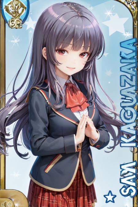 (masterpiece, best quality:1.2), <lora:girlfriendkari_kagurazaka-12:1>, card \(medium\), cowboy shot, solo, 1girl, kagurazaka saya, smile, looking at viewer, own hands together, school uniform, jacket, red bow, plaid skirt