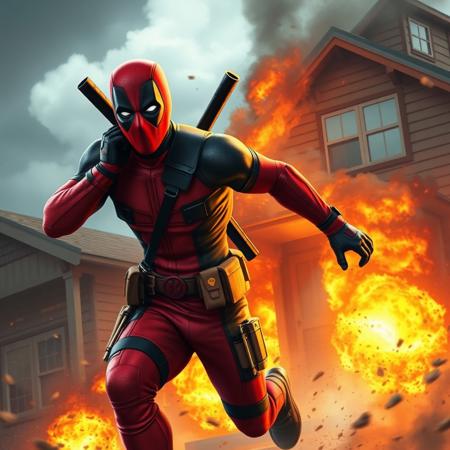Deadpool is running out of a exploding house, super focus on male, superrealistic
