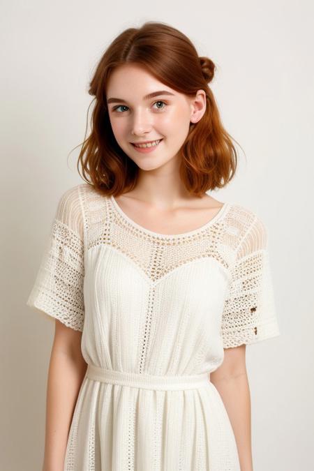 HD, perfect quality, 16k, very detailed,  a beautiful 21yo college girl with ginger hair in an updo, pale skin, wearing a loose crocheted dress, pink fleckes, green eyes, slim, detailed skin, hair behind ear, smiling proudly, standing in front of white background
