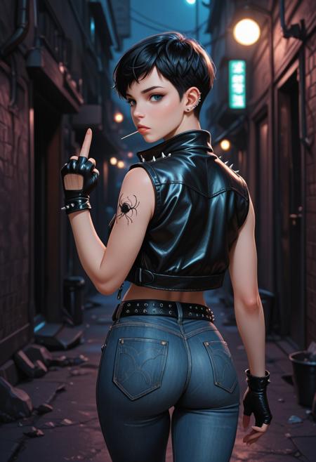 from behind, solo, 1girl, black hair, very short hair, pixie cut, piercings, blue eyes, looking back at viewer, toothpick in mouth, black leather jacket, sleeveless jacket, spikes, denim jeans, black fingerless gloves, spider tattoos, athletic, black belt, small hips, tight butt, standing, middle finger, alley, night, exterior, spotlight, depth of field, high_quality, highres, detailed_eyes, beautiful, detailed, masterpiece, best quality, absurdres, 8k, HDR,