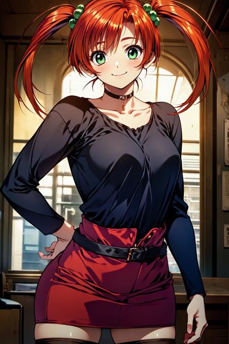 doukoku_itsumi, green eyes, red hair, twintails, hair ornament, hair bobbles, choker, jacket, fur trim, belt, red skirt, miniskirt, black thighhighs, zettai ryouiki,