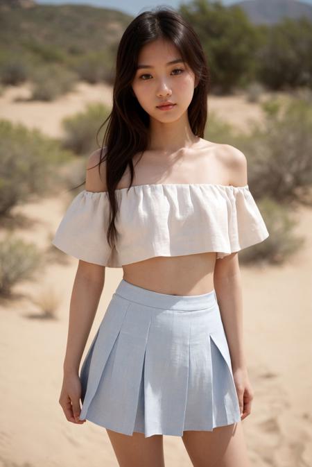 photograph of a cute korean girl, slender, beautiful body, linen offshoulder crop clothes, pleated mini skirt, medium breasts hidden under clothes, desert, hot summer, fashion pose, Porta 160 color, shot on ARRI ALEXA 65, bokeh, sharp focus on subject, shot by Lilia Alvarado