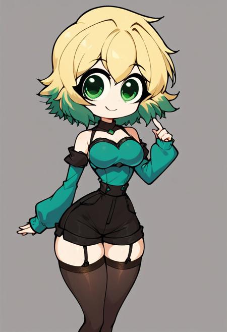 score_9, score_8_up, score_7_up, score_6_up, score_5_up,(medium breasts, thin waist, big thighs), solo, Smile, chibi, Blonde and green hair, green eyes, short hair, Green blouse, black shorts, long stockings, separate sleeves,