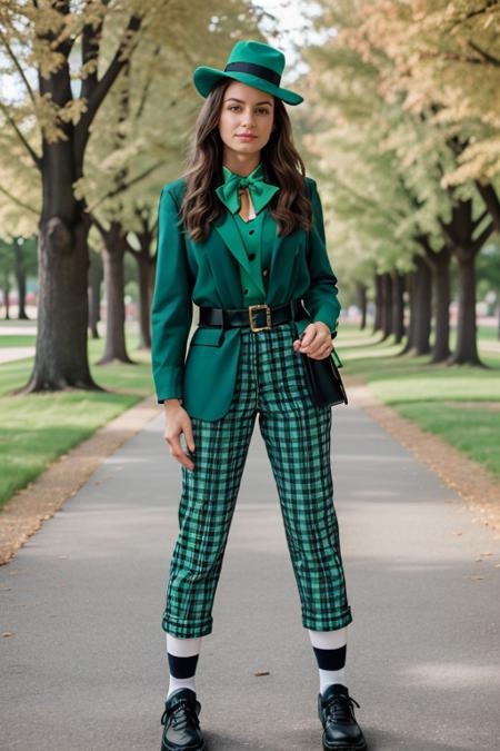 spc, green suit, green plaid trousers, black belt, black shoes, green bowtie, yellow shirt, black and white stripe socks, green hat