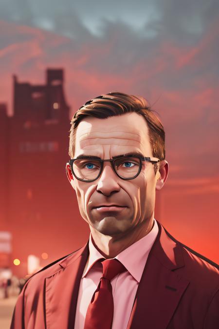 ((masterpiece)) ((high quality)) ((professional)) cartoon portrait of (UlfKristersson) wearing glasses on the boulevard,  volumetric red clouds in the background, (digital art:1.3) masterful, (portrait composition:1.3) two tone lighting <lora:ulf_kristersson_vng:0.9>, (absurdres),  sharp, detailed, arcane style  <lora:arcane_offset:0.7>