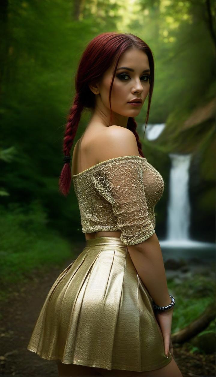 Stable_Yogis_PDXL_Positives  
Photo shoot, of a sexy young beautiful  Mexican model ,  Metallic eyeshadow makeup style ,  Side braid hairstyle , Rust red hair_color , Silver beaded bracelet ,  wearing Boho blouse, Mesh pleated skirt ,  forest path with a waterfall in the distance , shot with Fujifilm X-Pro3 Mirrorless camera,  light_particles, cinematic, dynamic_angle, depth_of_field, bokeh, HDR, 8K, RAW, best_quality, top_quality, hyperrealistic, photorealistic, ultra_detail, ultra_realistic, masterpiece, hi-res, absurd_res, high_quality_photography, source_photo, highly_detailed, very_aesthetic, beautiful, realistic, real_life.