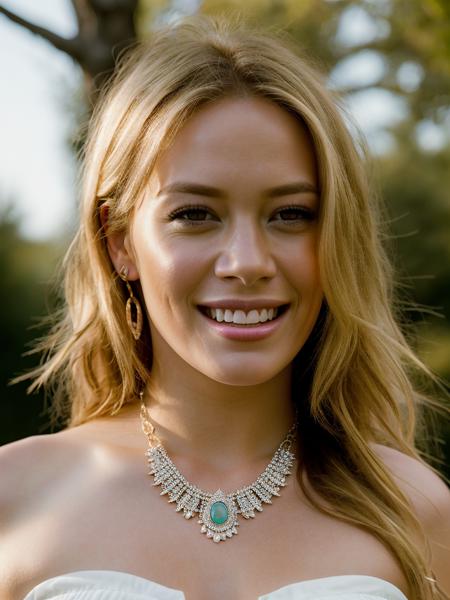 Realistic photo of a beautiful h1l4ryd woman, 1girl, solo, long hair, looking at viewer, smile, blonde hair, dress, bare shoulders, jewelry, upper body, teeth, necklace, grin, blurry, lips, realistic, soft lighting, professional Photography, Photorealistic, detailed, RAW, analog, sharp focus, 8k, HD, high quality, masterpiece<lora:h1l4ryd:1.0>