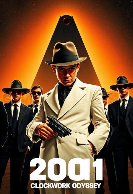 Design a powerful and surreal movie poster for 2001: CLOCKWORK ODYSSEY, a mash-up of Stanley Kubrick’s A Clockwork Orange and 2001: A Space Odyssey, mixed with the gritty, crime-driven style of Quentin Tarantino’s Reservoir Dogs. In the foreground, feature Alex from A Clockwork Orange, wearing his white outfit, bowler hat, and signature single eyelash. He stands alongside a group of sharp-dressed men in black suits, sunglasses, and ties, referencing the iconic Reservoir Dogs crew. One of them holds a futuristic weapon, blending the criminal underworld with a sci-fi twist.
In the background, depict the infinite void of space, featuring the HAL 9000 red eye and the monolith from 2001. The composition should feel tense and chaotic, combining the urban decay of Clockwork Orange, the sterile, minimalist space design of 2001, and the gritty violence of Reservoir Dogs. Use a color palette that mixes the warm oranges and blacks of Clockwork Orange, the cool whites and blues of 2001, and the bold reds and blacks from Reservoir Dogs.
Prominently display the title 2001: CLOCKWORK ODYSSEY in a fusion of all three films’ typography styles. Add ‘A Film by Stanley Kubrick’ at the bottom, blending Kubrick’s vision with the raw energy of Tarantino’s world