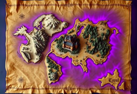fantasy world map, one continent, snowy north, sandy south, forest, middle castle. in the style of an old map, parchment. purple water, glowing edges, demonic.