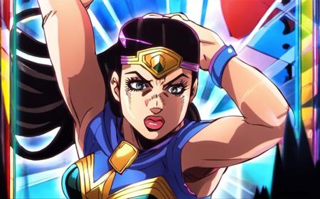 A promotional photo of  ((Wonderwoman)) dancing  at a club, Very detailed, clean, high quality, sharp image, jojoso style <lora:SDXL-jojoso_style-Lora:1>