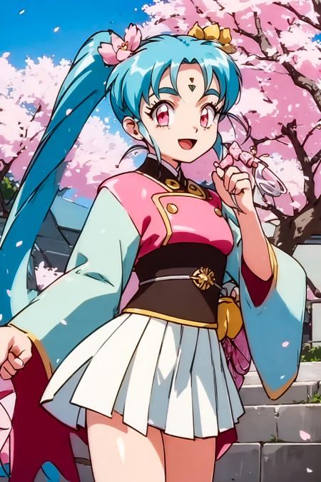 pretty_sammy, pink eyes, blue hair, forehead mark, twintails, hair_ornament, green kimono, obi, white skirt, wide sleeves, pink vest, wand,