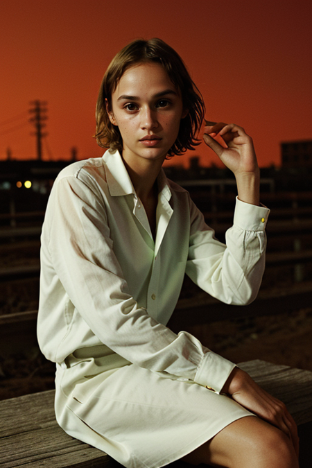 QuinnMora, Parisienne dress, feminine pose, well-lit wooden structure, abandoned Wild West ghost town, late afternoon, colorful red orange yellow light, very emotional camera angle, medium format camera, in the style of (Life Magazine)