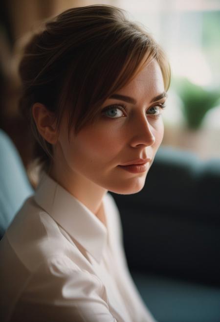 Raw photo, amazing realism, photo, intricate details, cinematic, score_9, score_8_up, score_7_up, score_6_up, beautiful womand, cute face, shy, kinky smile, extreme ultra detailed perfect eyes, blue eyes , 35yo, nose blush, working office woman, sitting in a couch, (head tilted) ,(holds her head with her arm), eyes contact, lot of desire for the viewer, side portrait , face focus , pov , indoor, inside home, in living room,, rimlight, professionally color graded, zeiss 150mm f2.8 medium format film analog
