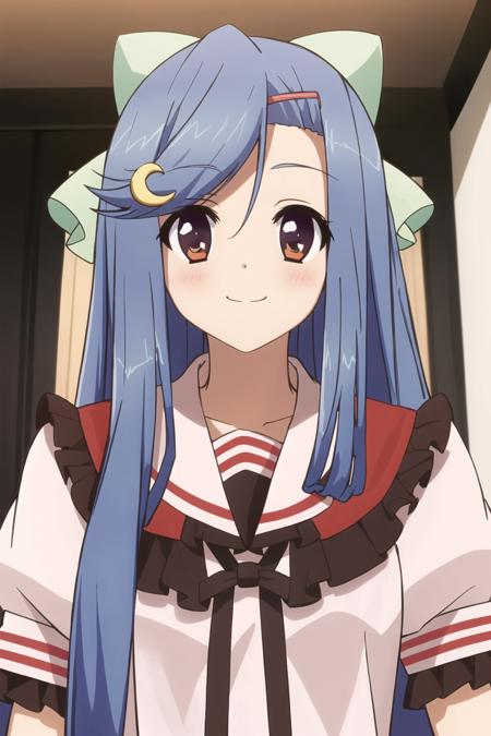 1girl,smile,
best quality,masterpiece,looking at viewer,
depth of field,cowboy_shot,
toudou kasane,blue hair,long hair,hair ornament,hairclip,bow,crescent,hair bow,crescent hair ornament,very long hair,brown eyes,school uniform,red skirt, <lora:007-æ¶åæç©ºçæ¡¥-è¤å éé³V2:0.7>