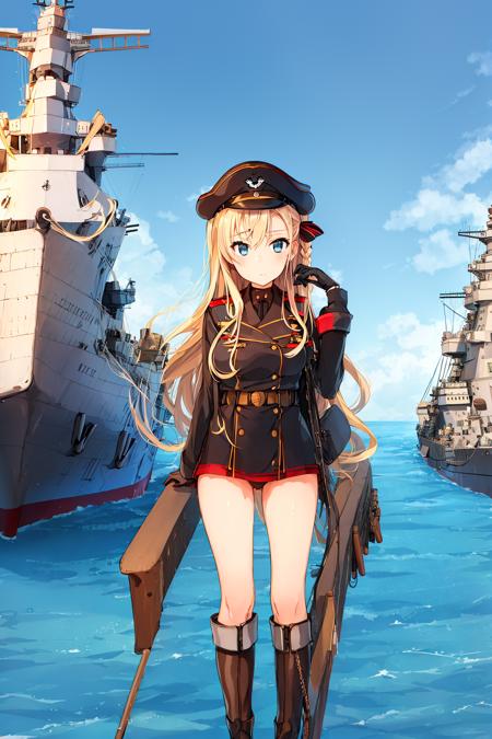 ((masterpiece,best quality)), (1girl, solo), blonde hair, blue eyes, bare legs, ((battleship, ship)), standing on ship, naval uniform, navy, kriegsmarine, day, cannon, hair ribbon, military uniform, long hair, looking at viewer, german army, outdoors, military jacket, standing, sea, thighs, microskirt, boots, no panties, facing viewer,  <lora:wilhelmina V1.1:1>