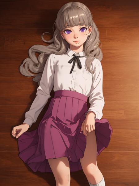 1girl, closed mouth, long hair, blunt bangs, grey hair, mole, mole under mouth, long sleeves, collared shirt, neck ribbon, socks, long skirt, mary janes, purple eyes,