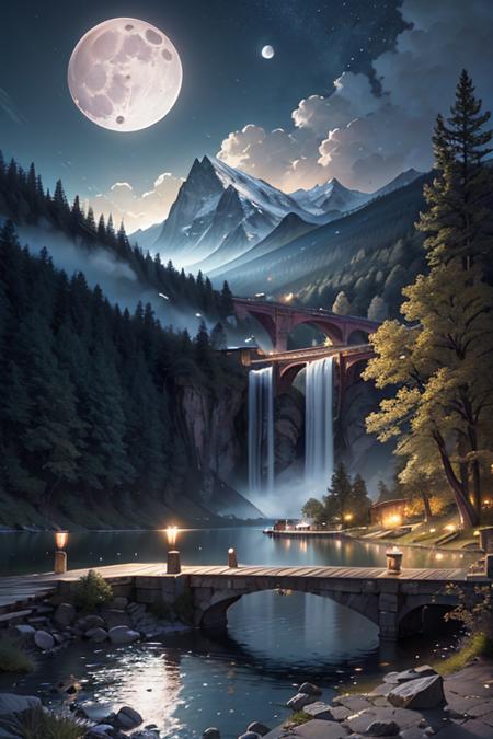 photorealistic,realistic,photography,masterpiece,best quality,ultra-detailed,
rchahua, scenery, moon, no humans, water, mountain, full moon, outdoors, night, waterfall, sky, rock, tree, night sky, lake, reflection, blue theme, cloud, river, nature, bridge, moonlight,
 <lora:rchahuav1-loha-000009:1>