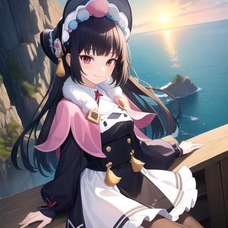 ((masterpiece)),(best quality),official art,extremely detailed CG,unity 8k wallpaper,ultra detailed,A lighthouse on a cliff by the sea,1girl,solo,upper body,looking at viewer,red_eyes,long_hair,knee_boots,blunt_bangs,long_sleeves,dress,black_hair,purple_pantyhose,smile,lolita_fashion,black_footwear,tassel,bonnet,pink_capelet,fur_collar,eyeshadow,makeup,<lora:Yunjin(gen)>,