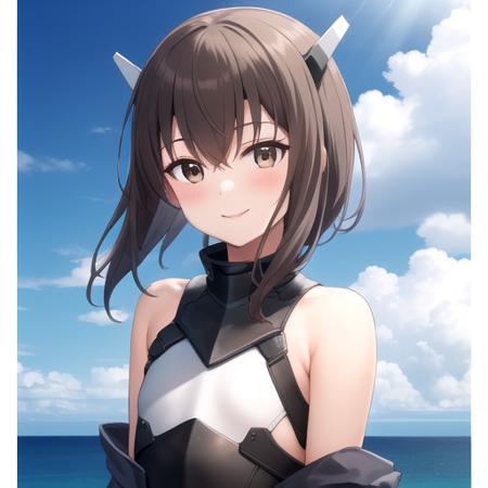 ((masterpiece)),(best quality),official art,extremely detailed CG,unity 8k wallpaper,ultra detailed,A lighthouse on a cliff by the sea,1girl,solo,upper body,(portrait:1.2),brown_hair,brown_eyes,short_hair,headgear,headband,blush,hair_between_eyes,looking_at_viewer,bike_shorts,black_shorts,red_skirt,pleated_skirt,shorts_under_skirt,thighhighs,flat_chest,boots,smile,strapless shirt,breastplate,<lora:Taihou(kan)>,