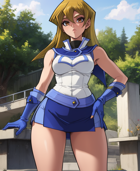 Alexis,blonde hair,brown eyes,
white duel academy uniform (yu-gi-oh! gx),blue miniskirt,blue gloves,bare shoulders,
standing,
school campus,outdoors,
(insanely detailed, beautiful detailed face,beautiful detailed eyes, masterpiece, best quality),solo,<lora:AlexisRhodes:0.8>,